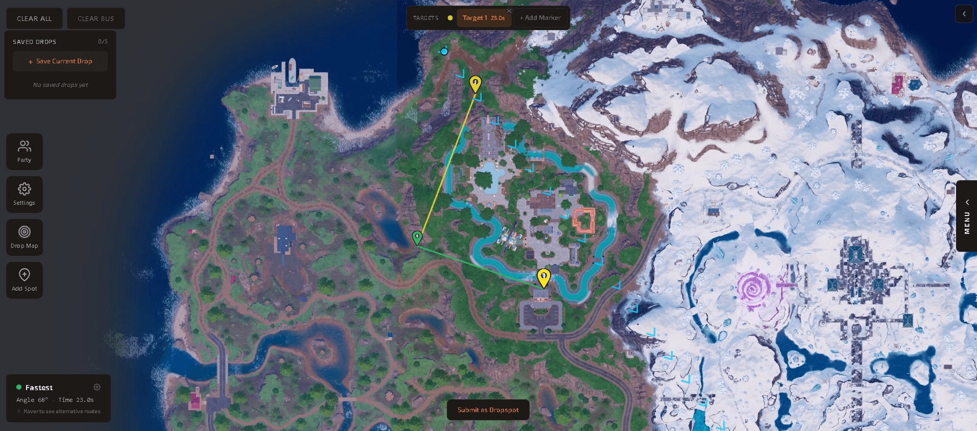 dropmapsfn calculator showing live bus path and drop coordinates for Fortnite Battle Royale